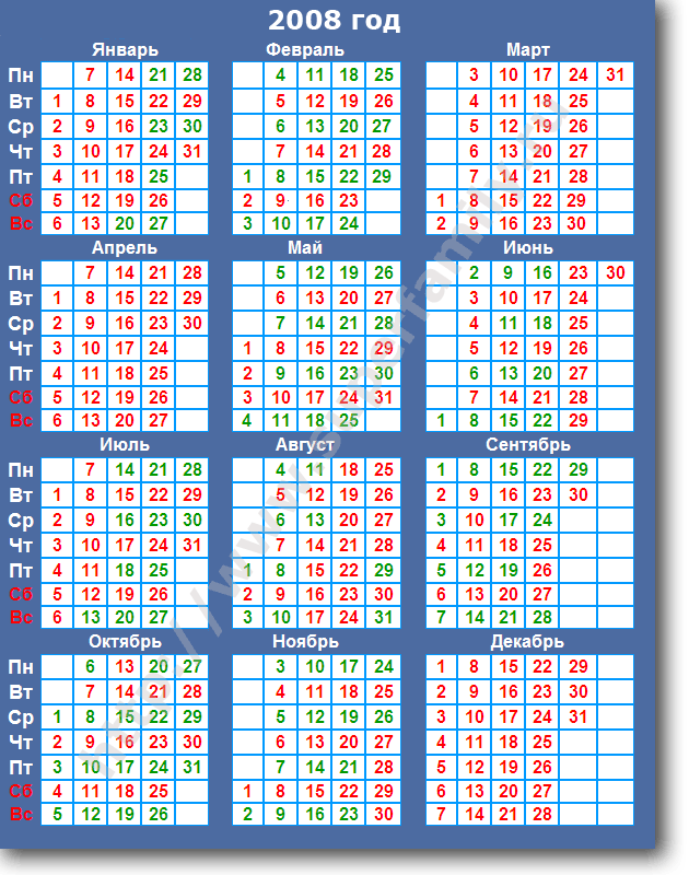 Календарь венчальных дней 2008 года